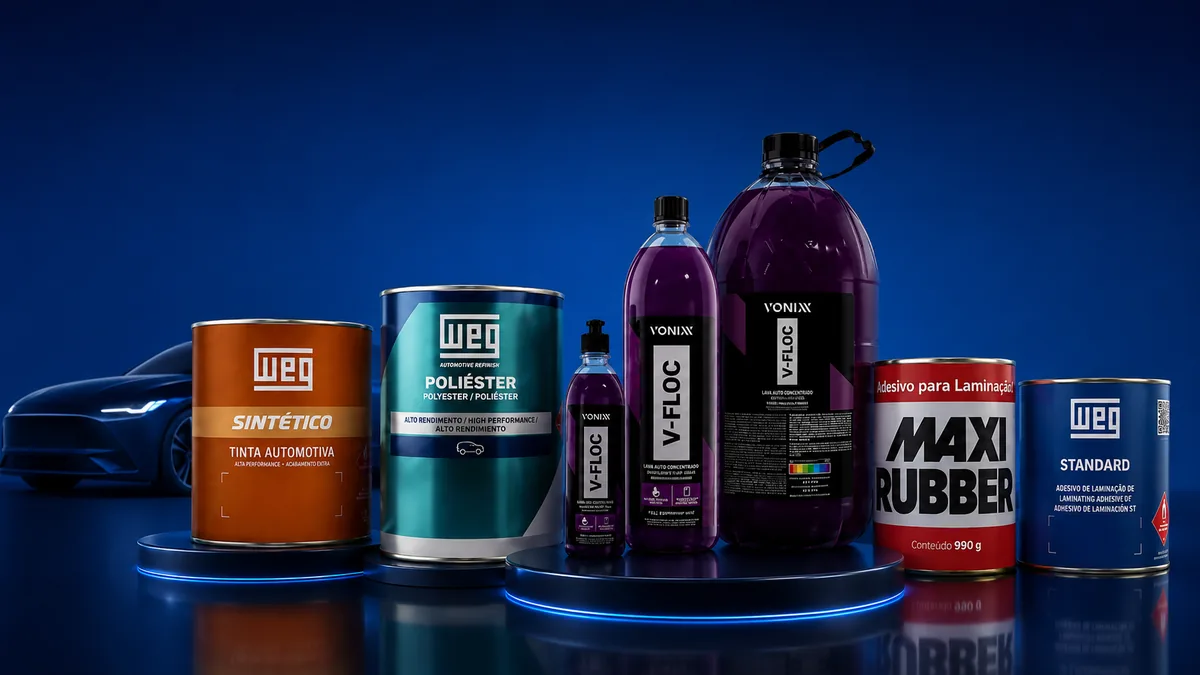 Produtos da linha automotiva: tintas WEG, Vonixx e Maxi Rubber